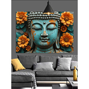 Turuncu Çiçeklerle Buda Heykeli Dekoratif Kanvas - Mdf Ahşap Tablo