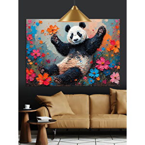Çiçekler İçinde Mutlu Panda Dekoratif Kanvas - Mdf Ahşap Tablo 50x70 cm