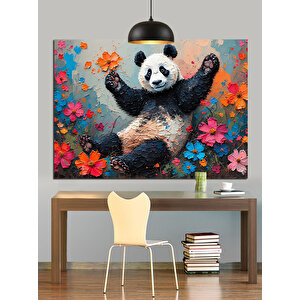 Çiçekler İçinde Mutlu Panda Dekoratif Kanvas - Mdf Ahşap Tablo