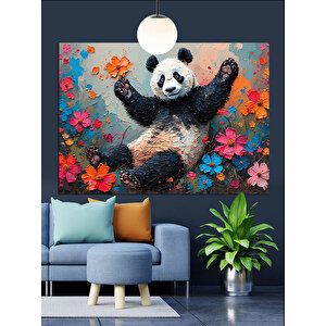 Çiçekler İçinde Mutlu Panda Dekoratif Kanvas - Mdf Ahşap Tablo