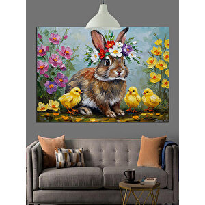 Tavşan Ve Civciv Çiçek Bahçesi Dekoratif Kanvas - Mdf Ahşap Tablo 70x100 cm