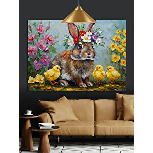 Tavşan Ve Civciv Çiçek Bahçesi Dekoratif Kanvas - Mdf Ahşap Tablo