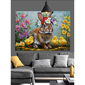 Tavşan Ve Civciv Çiçek Bahçesi Dekoratif Kanvas - Mdf Ahşap Tablo