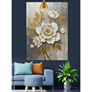 Altın Beyaz Çiçek Dekoratif Kanvas - Mdf Ahşap Tablo 70x100 cm