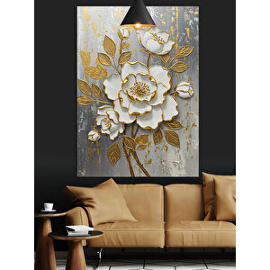 Altın Beyaz Çiçek Dekoratif Kanvas - Mdf Ahşap Tablo 70x100 cm