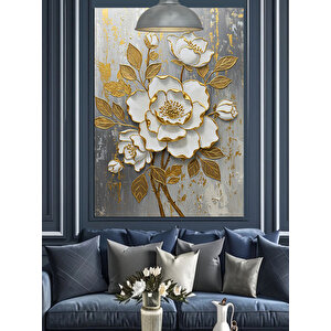 Altın Beyaz Çiçek Dekoratif Kanvas - Mdf Ahşap Tablo