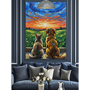 Günbatımı Kedi Köpek Dekoratif Kanvas - Mdf Ahşap Tablo 70x100 cm