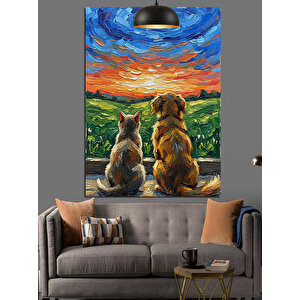 Günbatımı Kedi Köpek Dekoratif Kanvas - Mdf Ahşap Tablo 70x100 cm