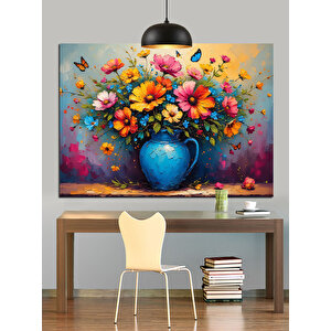 Mavi Vazoda Çiçekler Dekoratif Kanvas - Mdf Ahşap Tablo 70x100 cm