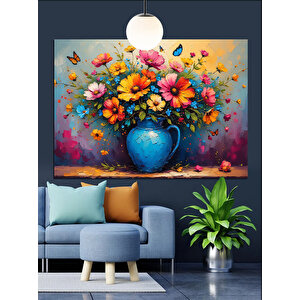 Mavi Vazoda Çiçekler Dekoratif Kanvas - Mdf Ahşap Tablo 70x100 cm