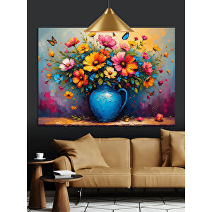 Mavi Vazoda Çiçekler Dekoratif Kanvas - Mdf Ahşap Tablo 70x100 cm