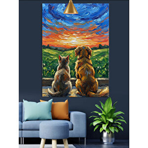 Günbatımı Kedi Köpek Dekoratif Kanvas - Mdf Ahşap Tablo 35x50 cm