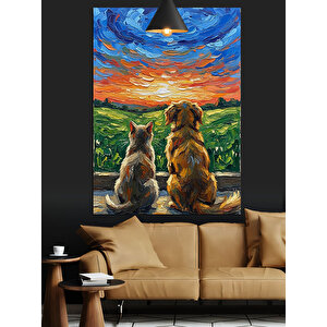 Günbatımı Kedi Köpek Dekoratif Kanvas - Mdf Ahşap Tablo