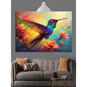 Pembe Çiçekler Arasında Sinekkuşu Dekoratif Kanvas - Mdf Ahşap Tablo 70x100 cm