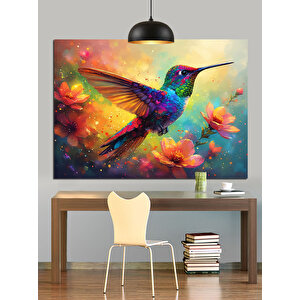 Pembe Çiçekler Arasında Sinekkuşu Dekoratif Kanvas - Mdf Ahşap Tablo