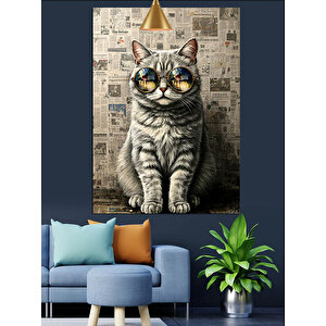 Gözlüklü Kedi Gazete Fon Dekoratif Kanvas - Mdf Ahşap Tablo 70x100 cm
