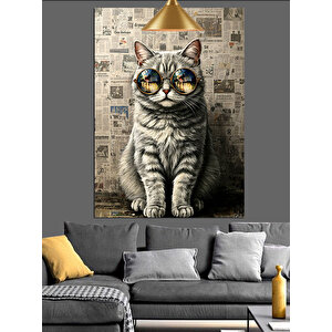 Gözlüklü Kedi Gazete Fon Dekoratif Kanvas - Mdf Ahşap Tablo