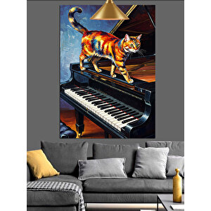 Piyanoda Turuncu Kedi Dekoratif Kanvas - Mdf Ahşap Tablo 50x70 cm