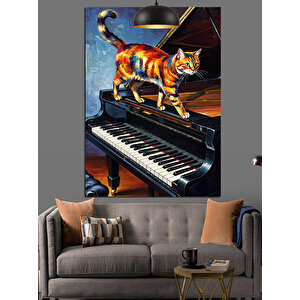 Piyanoda Turuncu Kedi Dekoratif Kanvas - Mdf Ahşap Tablo 50x70 cm