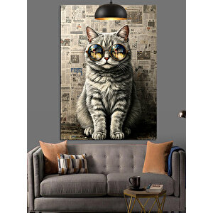 Gözlüklü Kedi Gazete Fon Dekoratif Kanvas - Mdf Ahşap Tablo 25x35 cm