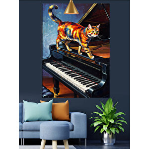 Piyanoda Turuncu Kedi Dekoratif Kanvas - Mdf Ahşap Tablo