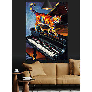Piyanoda Turuncu Kedi Dekoratif Kanvas - Mdf Ahşap Tablo
