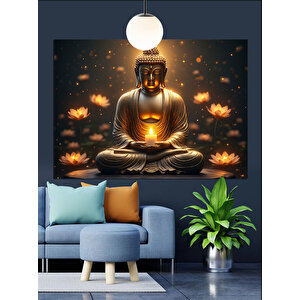 Lotus Çiçekleriyle Buda Heykeli Dekoratif Kanvas - Mdf Ahşap Tablo 70x100 cm