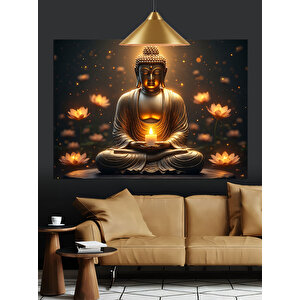 Lotus Çiçekleriyle Buda Heykeli Dekoratif Kanvas - Mdf Ahşap Tablo