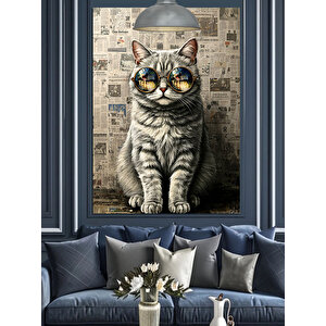 Gözlüklü Kedi Gazete Fon Dekoratif Kanvas - Mdf Ahşap Tablo 35x50 cm
