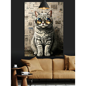 Gözlüklü Kedi Gazete Fon Dekoratif Kanvas - Mdf Ahşap Tablo