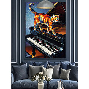 Piyanoda Turuncu Kedi Dekoratif Kanvas - Mdf Ahşap Tablo 70x100 cm
