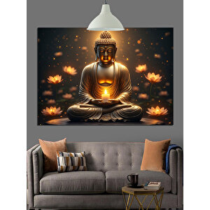 Lotus Çiçekleriyle Buda Heykeli Dekoratif Kanvas - Mdf Ahşap Tablo 35x50 cm