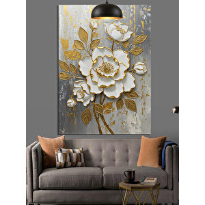 Altın Beyaz Çiçek Dekoratif Kanvas - Mdf Ahşap Tablo 35x50 cm