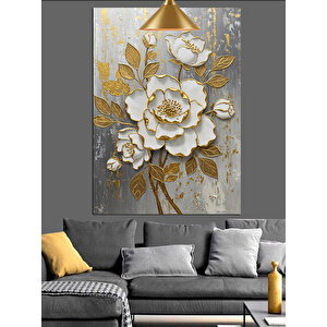 Altın Beyaz Çiçek Dekoratif Kanvas - Mdf Ahşap Tablo
