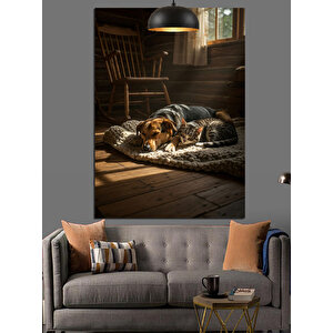 Uyuyan Kedi Ve Köpek Dekoratif Kanvas - Mdf Ahşap Tablo 70x100 cm