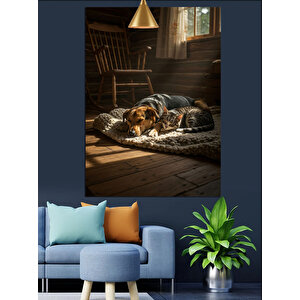 Uyuyan Kedi Ve Köpek Dekoratif Kanvas - Mdf Ahşap Tablo 70x100 cm