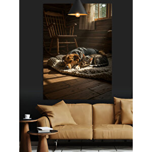 Uyuyan Kedi Ve Köpek Dekoratif Kanvas - Mdf Ahşap Tablo 70x100 cm