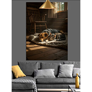 Uyuyan Kedi Ve Köpek Dekoratif Kanvas - Mdf Ahşap Tablo