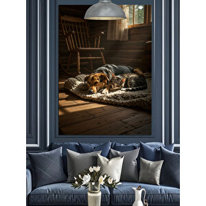Uyuyan Kedi Ve Köpek Dekoratif Kanvas - Mdf Ahşap Tablo