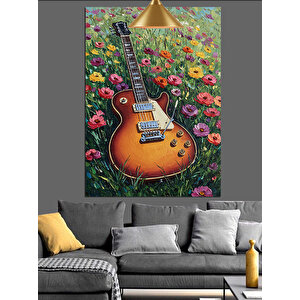 Çiçekler Üstü Gitar Dekoratif Kanvas - Mdf Ahşap Tablo 35x50 cm