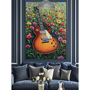 Çiçekler Üstü Gitar Dekoratif Kanvas - Mdf Ahşap Tablo 35x50 cm