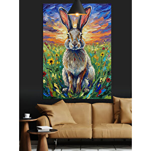 Çiçekli Çayır Tavşan Dekoratif Kanvas - Mdf Ahşap Tablo 35x50 cm