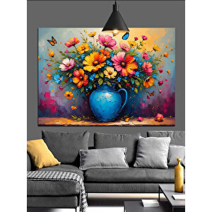 Mavi Vazoda Çiçekler Dekoratif Kanvas - Mdf Ahşap Tablo