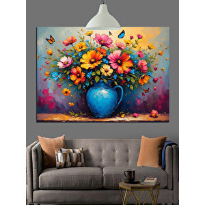 Mavi Vazoda Çiçekler Dekoratif Kanvas - Mdf Ahşap Tablo