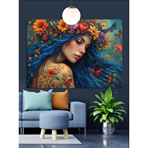 Çiçeklerle Süslenmiş Kadın Portresi Dekoratif Kanvas - Mdf Ahşap Tablo