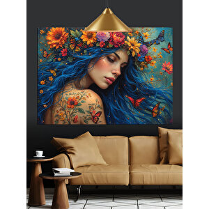 Çiçeklerle Süslenmiş Kadın Portresi Dekoratif Kanvas - Mdf Ahşap Tablo 70x100 cm