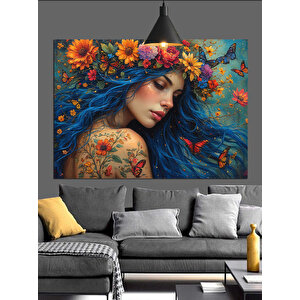 Çiçeklerle Süslenmiş Kadın Portresi Dekoratif Kanvas - Mdf Ahşap Tablo 70x100 cm