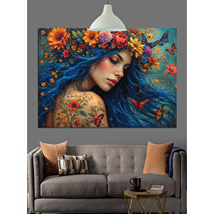 Çiçeklerle Süslenmiş Kadın Portresi Dekoratif Kanvas - Mdf Ahşap Tablo 70x100 cm
