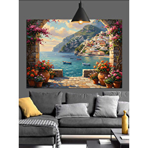 Akdeniz Manzaralı Çiçekli Evler Dekoratif Kanvas - Mdf Ahşap Tablo 50x70 cm