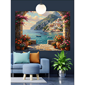 Akdeniz Manzaralı Çiçekli Evler Dekoratif Kanvas - Mdf Ahşap Tablo 70x100 cm